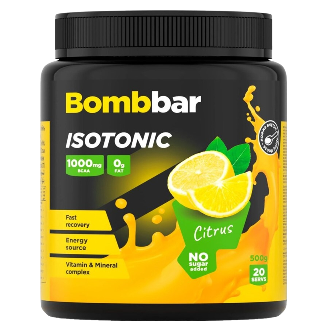BOMBBAR იზოტონური ფხვნილის სასმელის მიქსი დამატკბობელთან, ციტრუსის არომატით, 500 გრ.